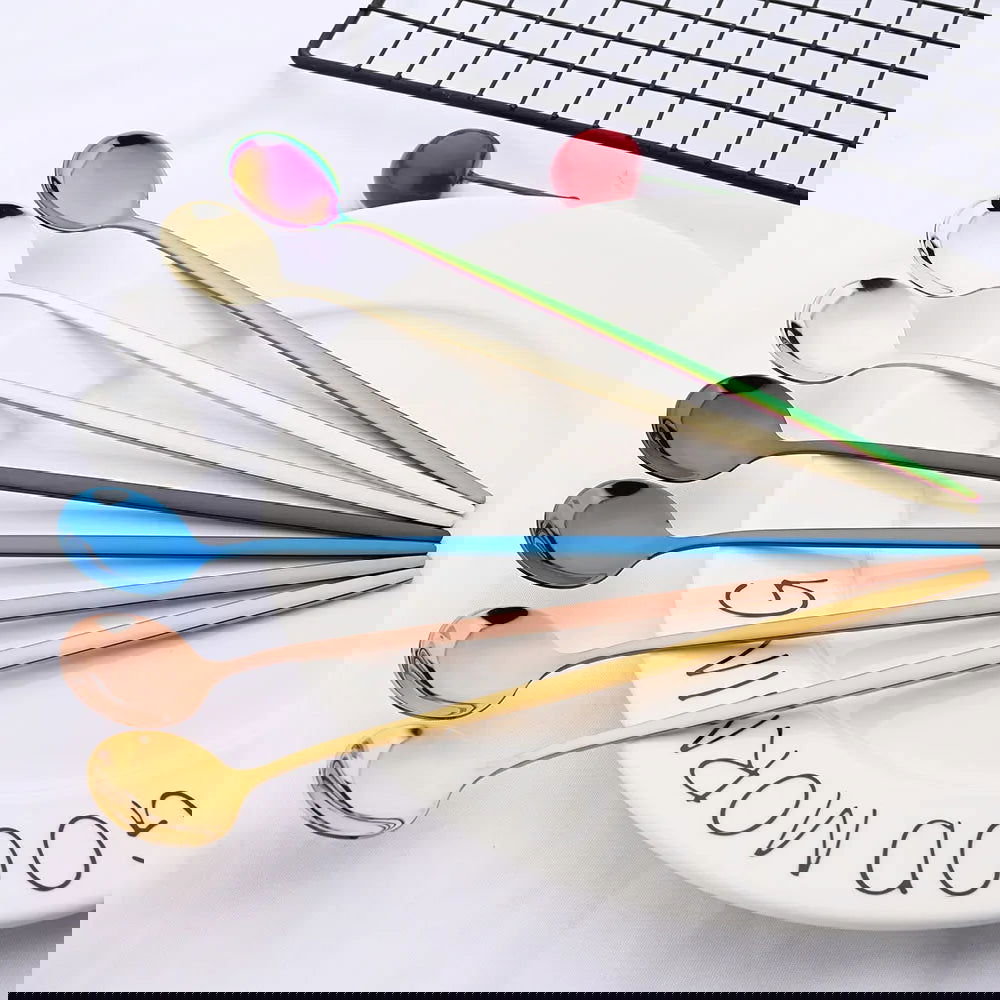 6Pcs Coffee Stirring Spoon Cutlery Set Juice Gold Tea Spoons Dinnerware Ice Cream Long Handle Scoop Tableware Kitchen Tools - Slobuy