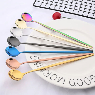 6Pcs Coffee Stirring Spoon Cutlery Set Juice Gold Tea Spoons Dinnerware Ice Cream Long Handle Scoop Tableware Kitchen Tools - Slobuy
