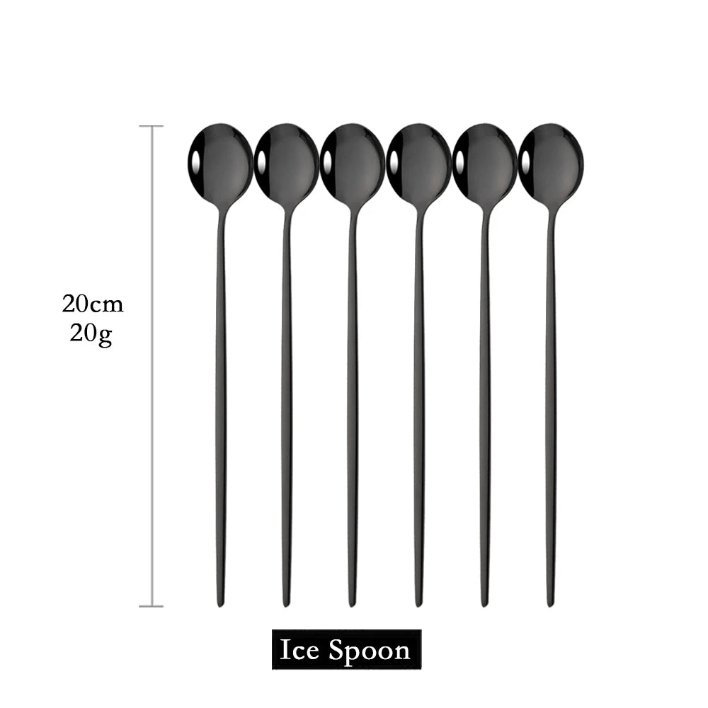 6Pcs Coffee Stirring Spoon Cutlery Set Juice Gold Tea Spoons Dinnerware Ice Cream Long Handle Scoop Tableware Kitchen Tools - Slobuy