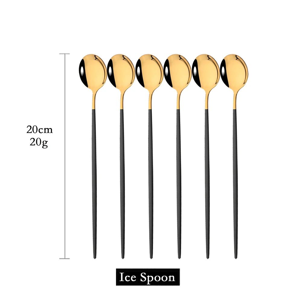 6Pcs Coffee Stirring Spoon Cutlery Set Juice Gold Tea Spoons Dinnerware Ice Cream Long Handle Scoop Tableware Kitchen Tools - Slobuy
