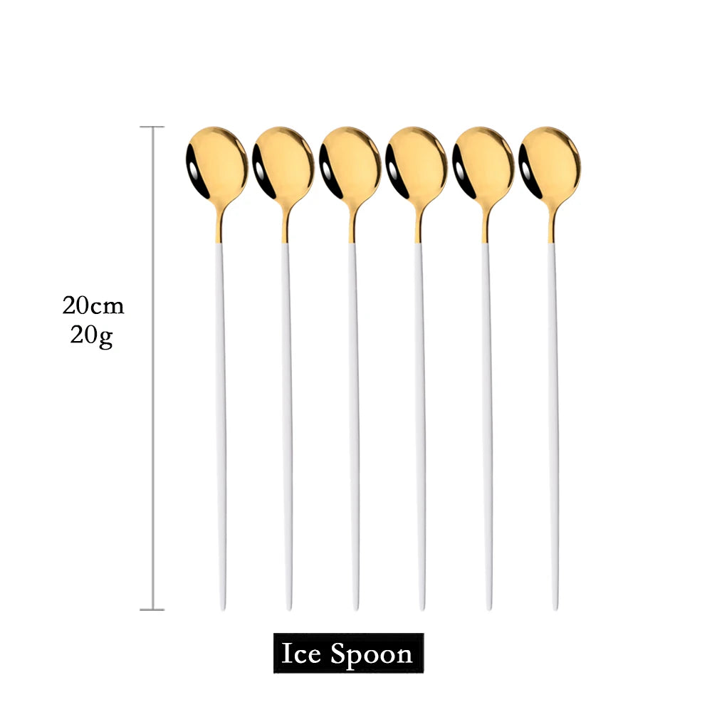 6Pcs Coffee Stirring Spoon Cutlery Set Juice Gold Tea Spoons Dinnerware Ice Cream Long Handle Scoop Tableware Kitchen Tools - Slobuy