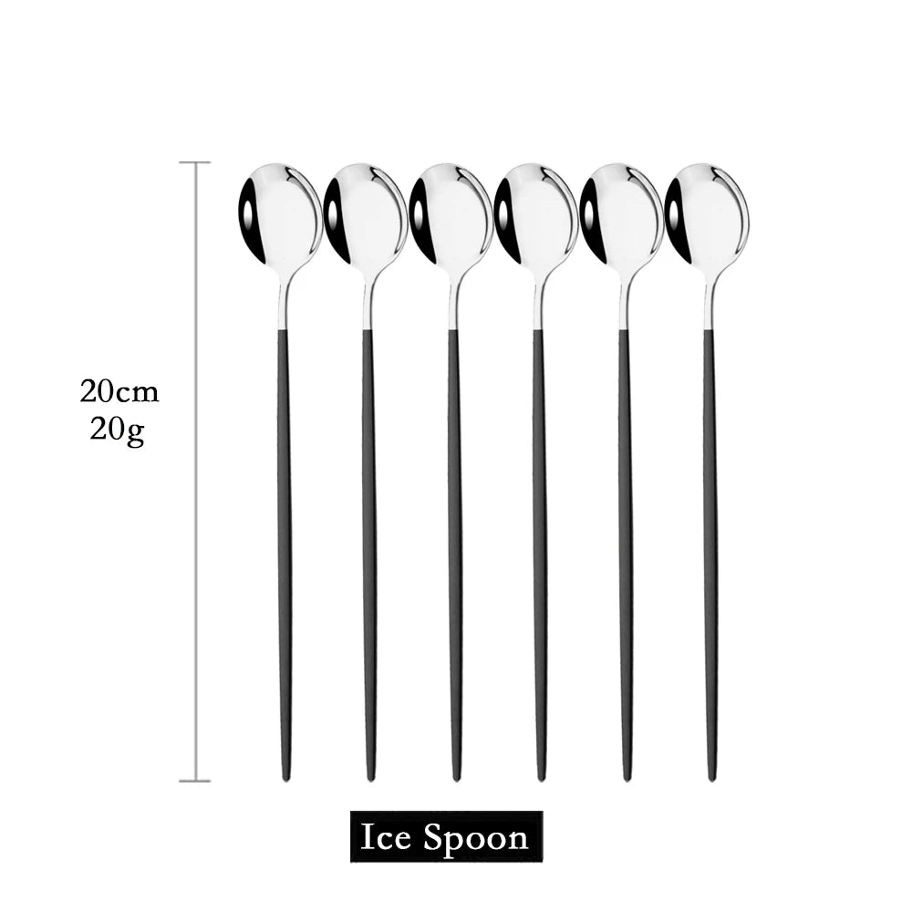 6Pcs Coffee Stirring Spoon Cutlery Set Juice Gold Tea Spoons Dinnerware Ice Cream Long Handle Scoop Tableware Kitchen Tools - Slobuy