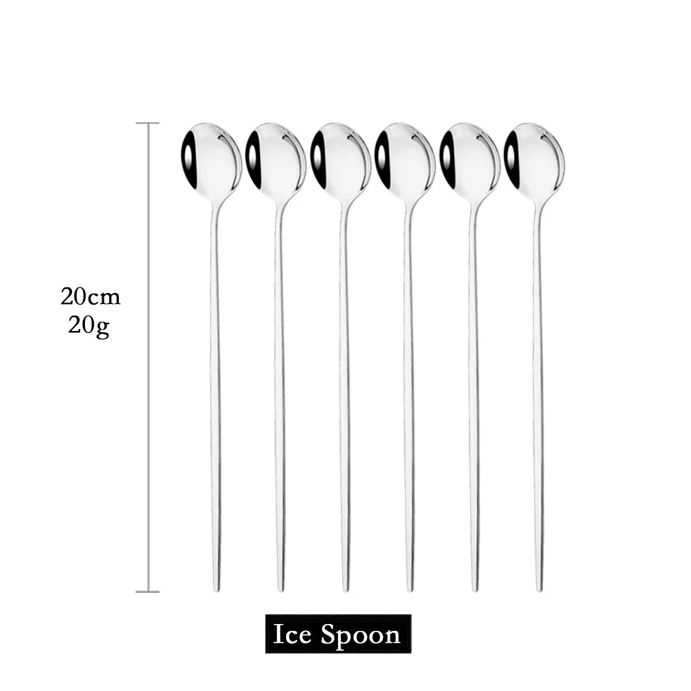 6Pcs Coffee Stirring Spoon Cutlery Set Juice Gold Tea Spoons Dinnerware Ice Cream Long Handle Scoop Tableware Kitchen Tools - Slobuy