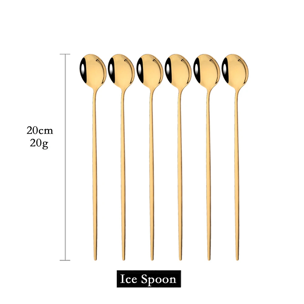 6Pcs Coffee Stirring Spoon Cutlery Set Juice Gold Tea Spoons Dinnerware Ice Cream Long Handle Scoop Tableware Kitchen Tools - Slobuy