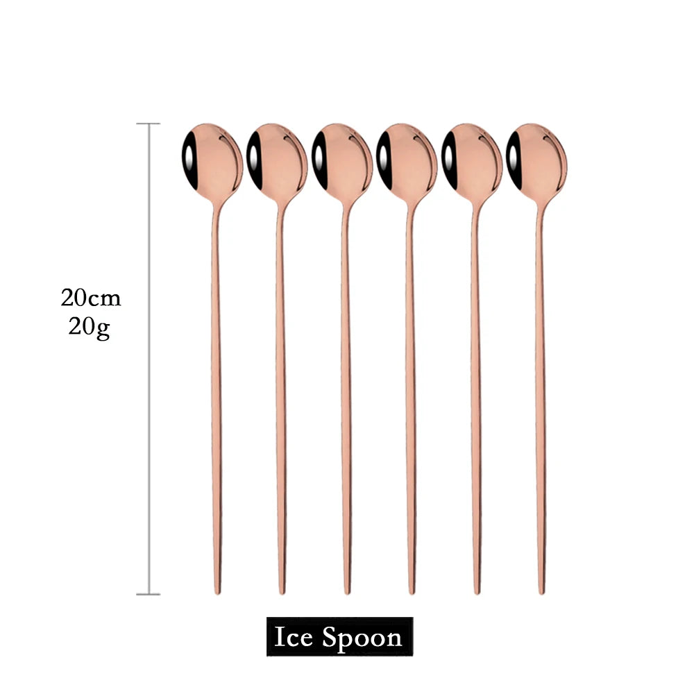 6Pcs Coffee Stirring Spoon Cutlery Set Juice Gold Tea Spoons Dinnerware Ice Cream Long Handle Scoop Tableware Kitchen Tools - Slobuy