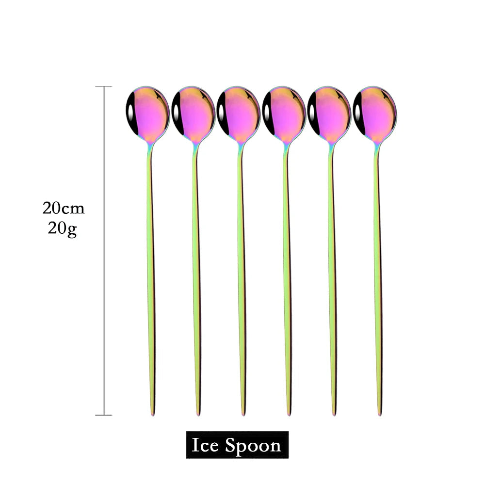 6Pcs Coffee Stirring Spoon Cutlery Set Juice Gold Tea Spoons Dinnerware Ice Cream Long Handle Scoop Tableware Kitchen Tools - Slobuy