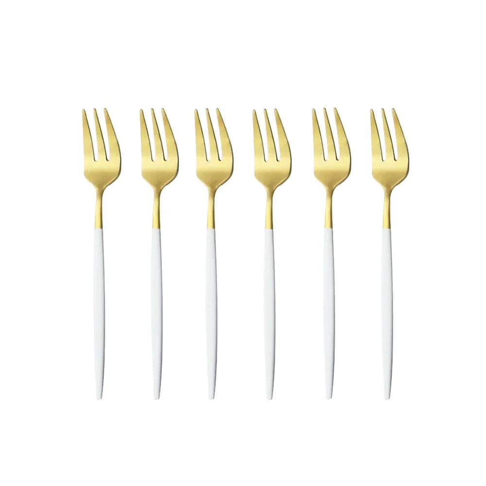 6Pcs Stainless Steel Matte Cake Fruit Forks Flatware Silverware Cutlery For Dessert Salad Fork Set Gold Tableware Mini Fork - Slobuy