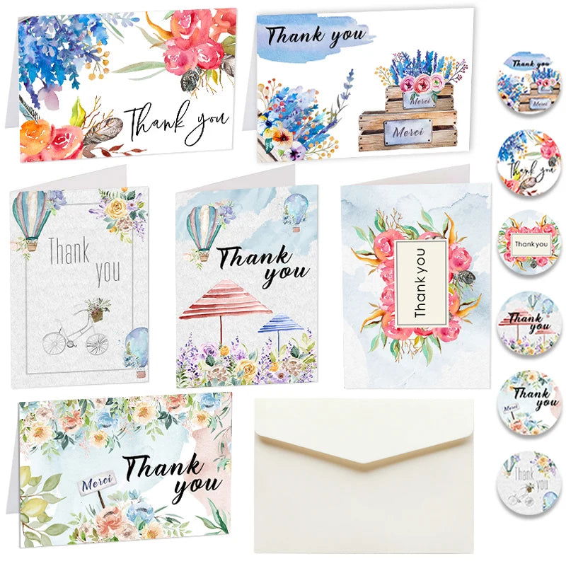 6Sets Floral Thank You Cards with Envelopes & Stickers Assorted Blank Inside Folding Card Wedding Party Invitation Greeting Card - Slobuy