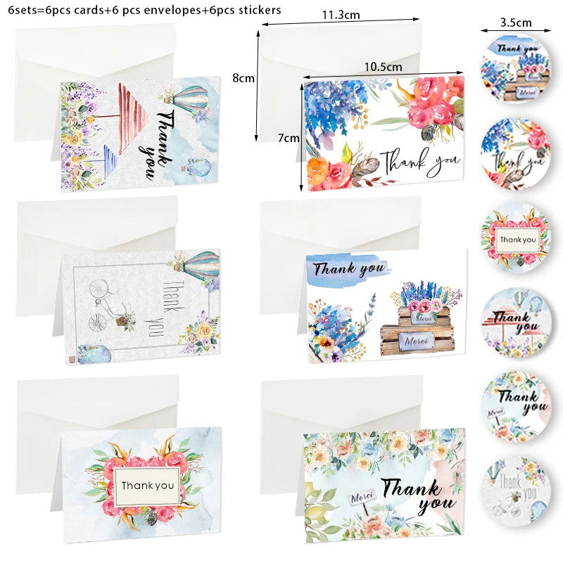 6Sets Floral Thank You Cards with Envelopes & Stickers Assorted Blank Inside Folding Card Wedding Party Invitation Greeting Card - Slobuy