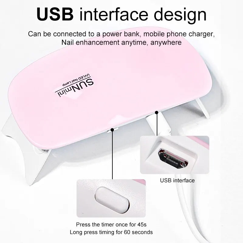 6W Mini Nail Dryer Machine Portable 6 LED UV Manicure Lamp Home Use Nail Lamp For Drying Polish Varnish With USB Cable - Slobuy