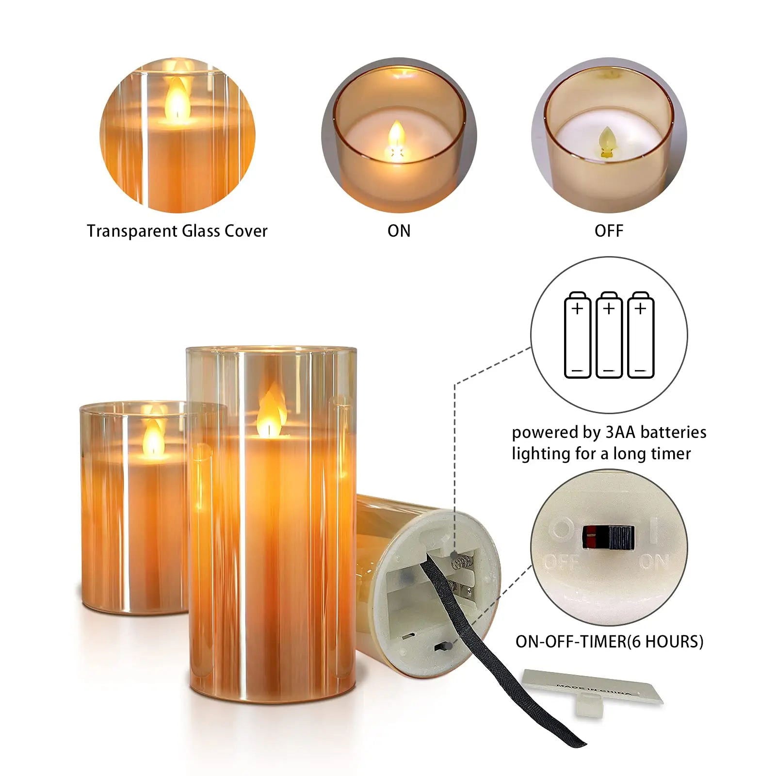 3Pcs Set 4/5/6 inches Led Flameless Electric Candles Lamp Real Wax Glass Battery Flickering Fake Tealight Candle for Wedding - Slobuy