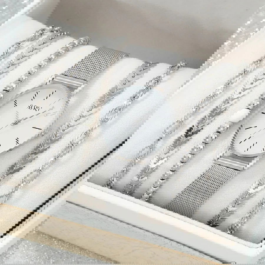 6pc Simple Silver Quartz Watch With Bracelet For Women Casual Fashion Round Simple Silver Watch Dainty Wheat Bracelets Set - Slobuy