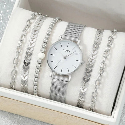 6pc Simple Silver Quartz Watch With Bracelet For Women Casual Fashion Round Simple Silver Watch Dainty Wheat Bracelets Set - Slobuy