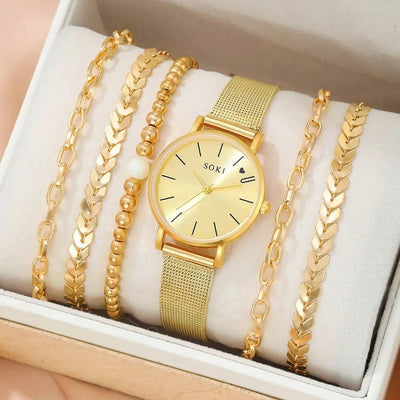 6pc Simple Silver Quartz Watch With Bracelet For Women Casual Fashion Round Simple Silver Watch Dainty Wheat Bracelets Set - Slobuy