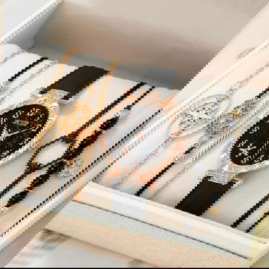 6pcs Black Flower Quartz Watch Dainty Bracelet For Women Leisure Casual Round Rhinestone Hollowed Pattern Bracelet Set - Slobuy
