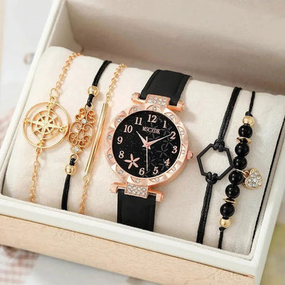 6pcs Black Flower Quartz Watch Dainty Bracelet For Women Leisure Casual Round Rhinestone Hollowed Pattern Bracelet Set - Slobuy