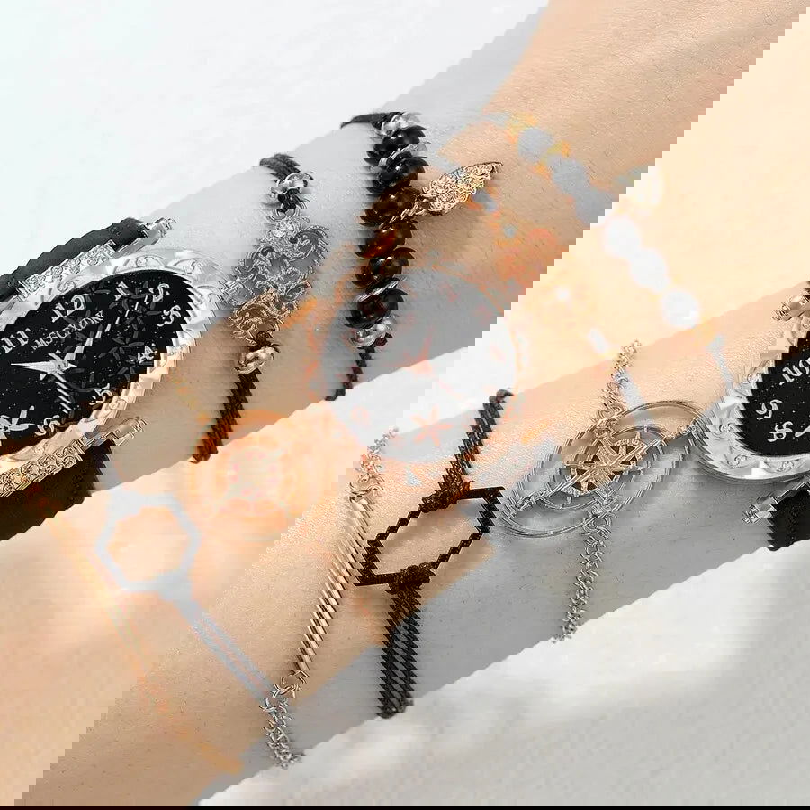 6pcs Black Flower Quartz Watch Dainty Bracelet For Women Leisure Casual Round Rhinestone Hollowed Pattern Bracelet Set - Slobuy