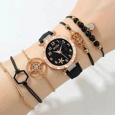 6pcs Black Flower Quartz Watch Dainty Bracelet For Women Leisure Casual Round Rhinestone Hollowed Pattern Bracelet Set - Slobuy