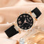 6pcs Black Flower Quartz Watch Dainty Bracelet For Women Leisure Casual Round Rhinestone Hollowed Pattern Bracelet Set - Slobuy