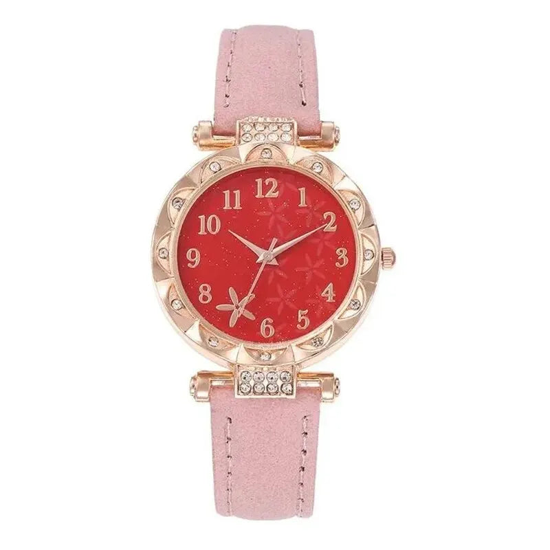 6pcs Black Flower Quartz Watch Dainty Bracelet For Women Leisure Casual Round Rhinestone Hollowed Pattern Bracelet Set - Slobuy