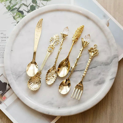 6pcs Vintage Spoons Fork Cutlery Set Mini Royal Style Metal Gold Carved Teaspoon Coffee Snacks Fruit Dessert Fork Kitchen Tool - Slobuy