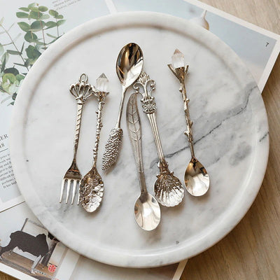 6pcs Vintage Spoons Fork Cutlery Set Mini Royal Style Metal Gold Carved Teaspoon Coffee Snacks Fruit Dessert Fork Kitchen Tool - Slobuy