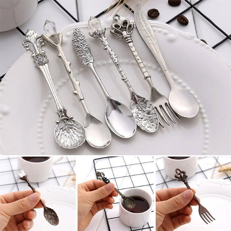 6pcs Vintage Spoons Fork Cutlery Set Mini Royal Style Metal Gold Carved Teaspoon Coffee Snacks Fruit Dessert Fork Kitchen Tool - Slobuy