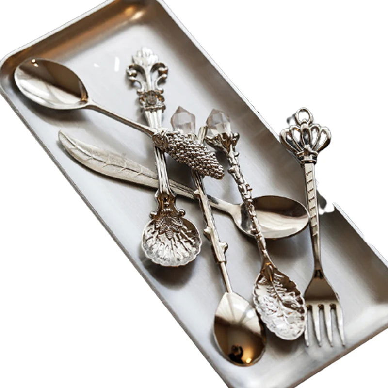 6pcs Vintage Spoons Fork Cutlery Set Mini Royal Style Metal Gold Carved Teaspoon Coffee Snacks Fruit Dessert Fork Kitchen Tool - Slobuy