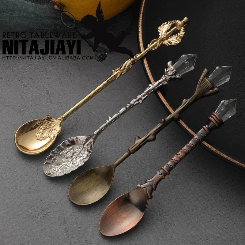 6pcs Vintage Spoons Fork Cutlery Set Mini Royal Style Metal Gold Carved Teaspoon Coffee Snacks Fruit Dessert Fork Kitchen Tool - Slobuy