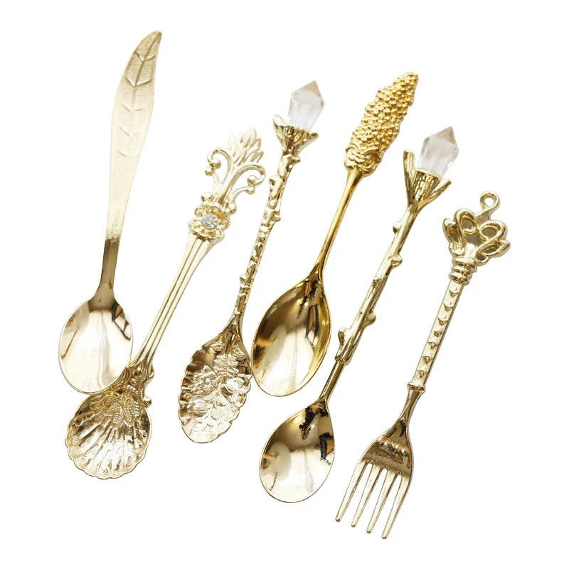 6pcs Vintage Spoons Fork Cutlery Set Mini Royal Style Metal Gold Carved Teaspoon Coffee Snacks Fruit Dessert Fork Kitchen Tool - Slobuy
