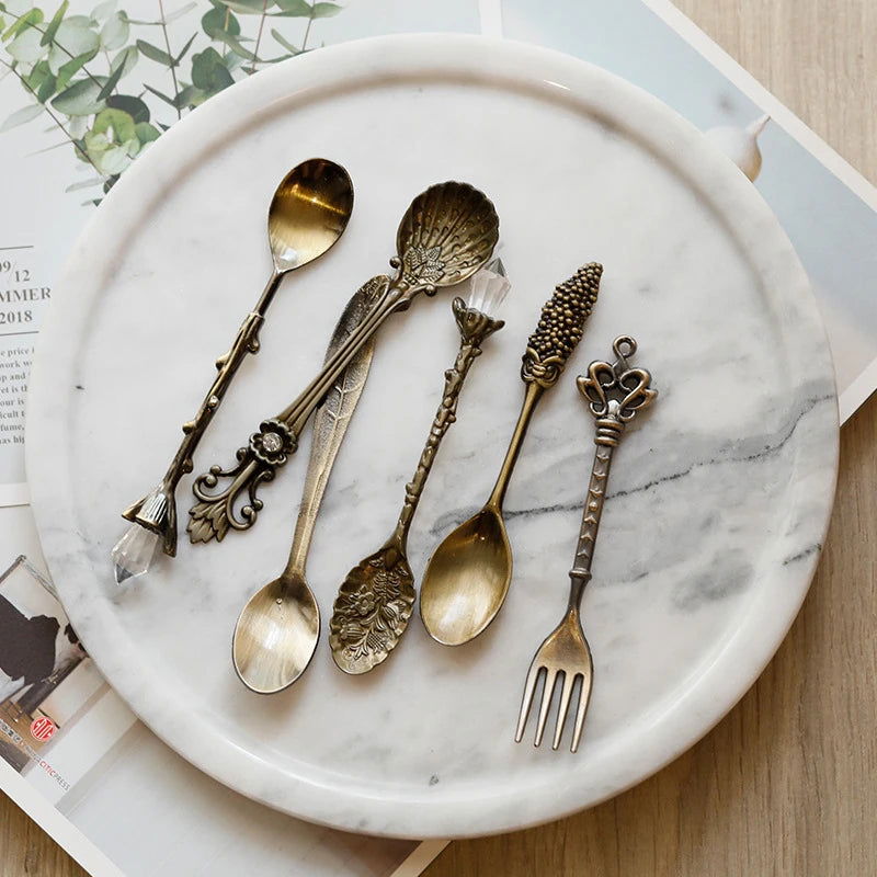 6pcs Vintage Spoons Fork Cutlery Set Mini Royal Style Metal Gold Carved Teaspoon Coffee Snacks Fruit Dessert Fork Kitchen Tool - Slobuy