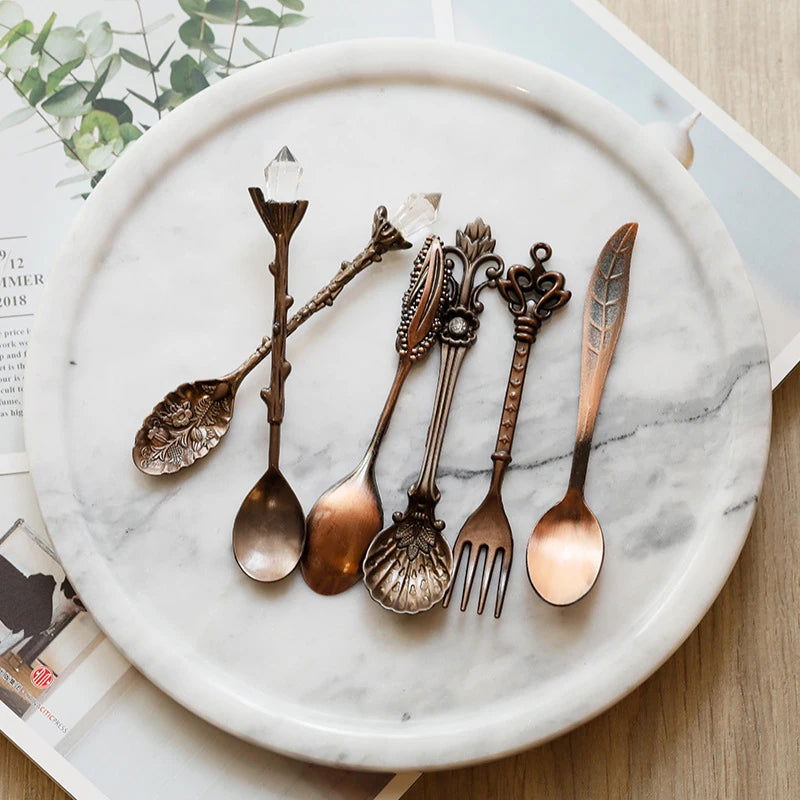 6pcs Vintage Spoons Fork Cutlery Set Mini Royal Style Metal Gold Carved Teaspoon Coffee Snacks Fruit Dessert Fork Kitchen Tool - Slobuy