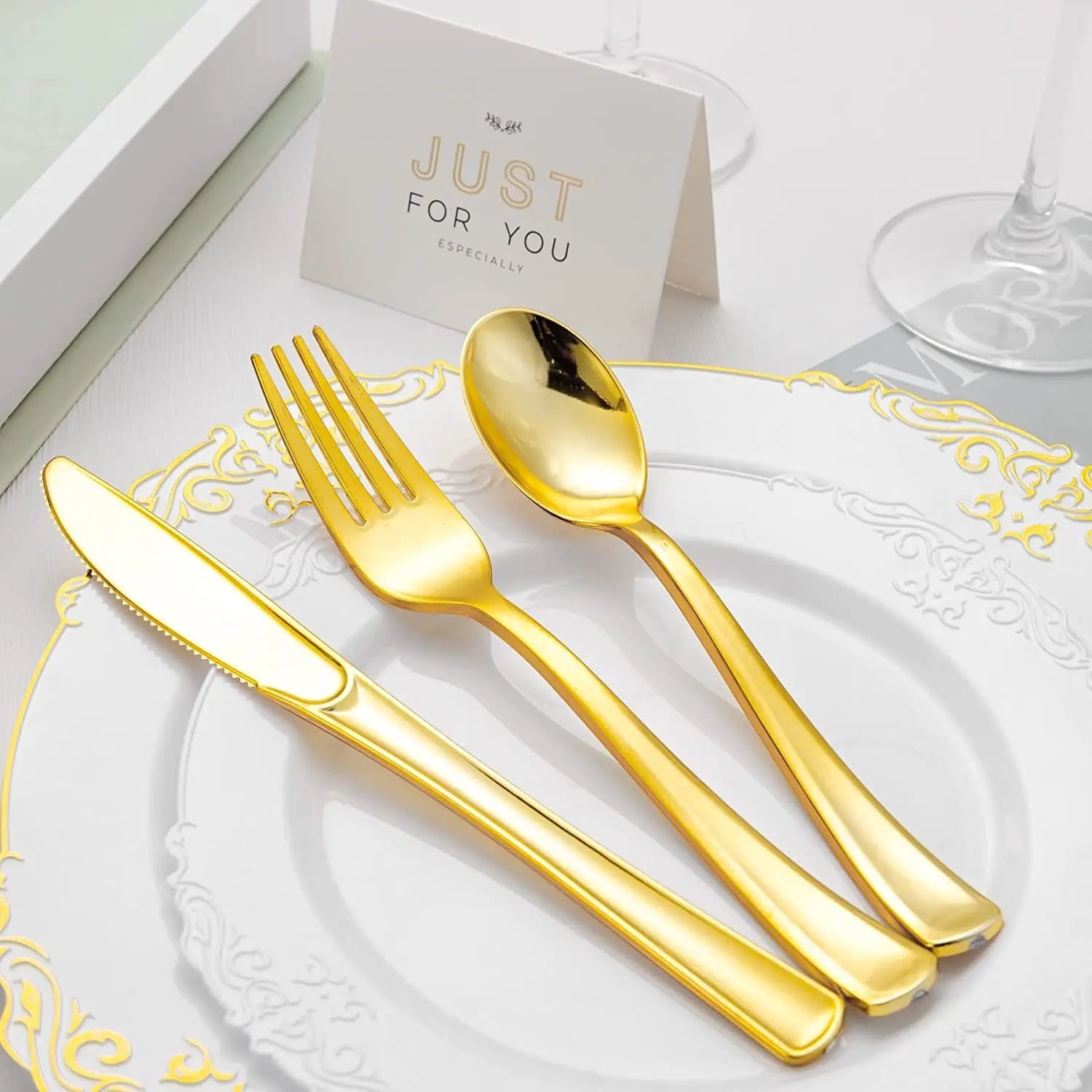 75 Pieces Gold Plastic Silverware- Party Flatware Set-Heavyweight Plastic Cutlery- Includes 25 Forks, 25 Spoons, 25 Knives - Slobuy