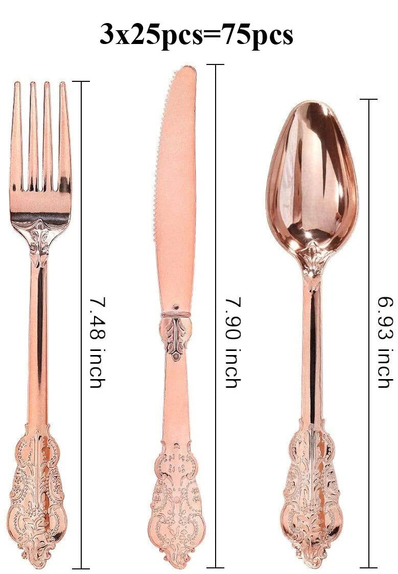 75 Pieces Gold Plastic Silverware- Party Flatware Set-Heavyweight Plastic Cutlery- Includes 25 Forks, 25 Spoons, 25 Knives - Slobuy