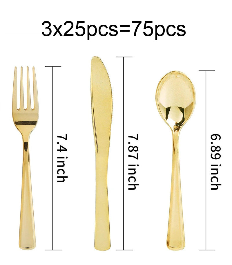 75 Pieces Gold Plastic Silverware- Party Flatware Set-Heavyweight Plastic Cutlery- Includes 25 Forks, 25 Spoons, 25 Knives - Slobuy