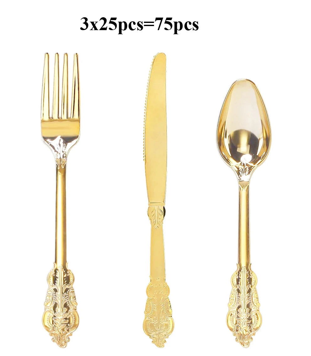 75 Pieces Gold Plastic Silverware- Party Flatware Set-Heavyweight Plastic Cutlery- Includes 25 Forks, 25 Spoons, 25 Knives - Slobuy