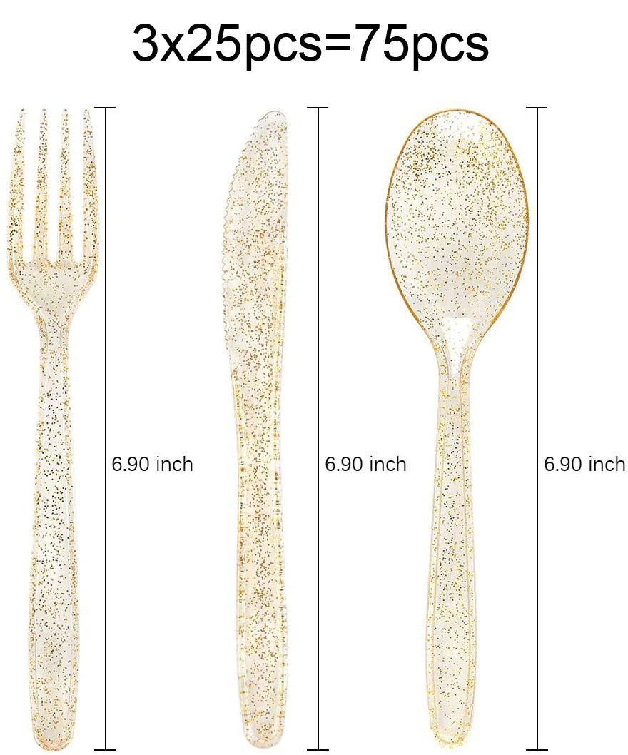 75 Pieces Gold Plastic Silverware- Party Flatware Set-Heavyweight Plastic Cutlery- Includes 25 Forks, 25 Spoons, 25 Knives - Slobuy