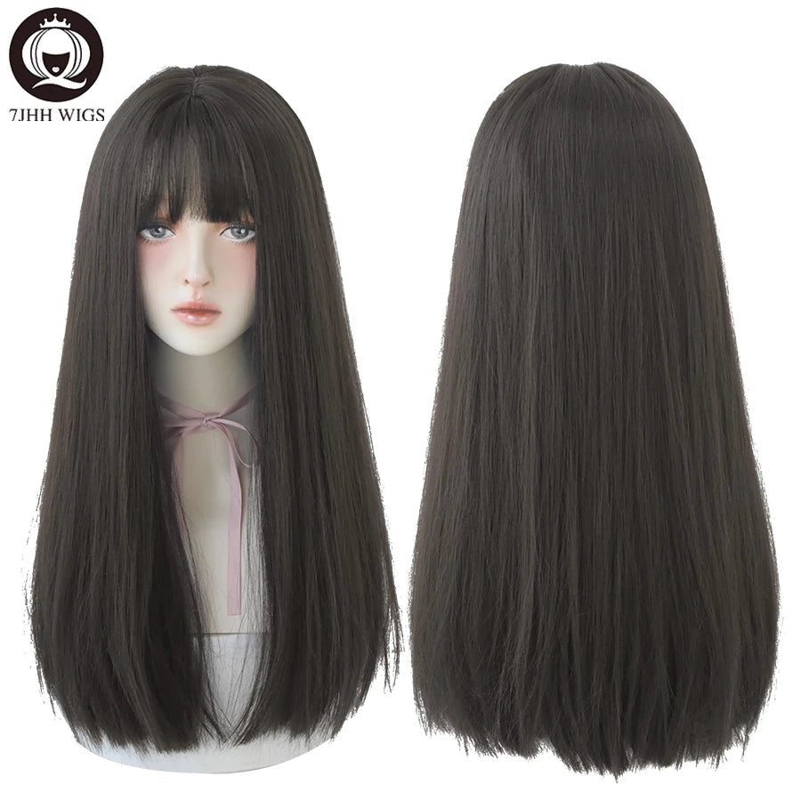 7JHHWIGS Long Straight Synthetic Light Brown Wigs With Bang For Women Heat-Resistant Daily Use Hair Hot Sell Wholesale Wigs - Slobuy
