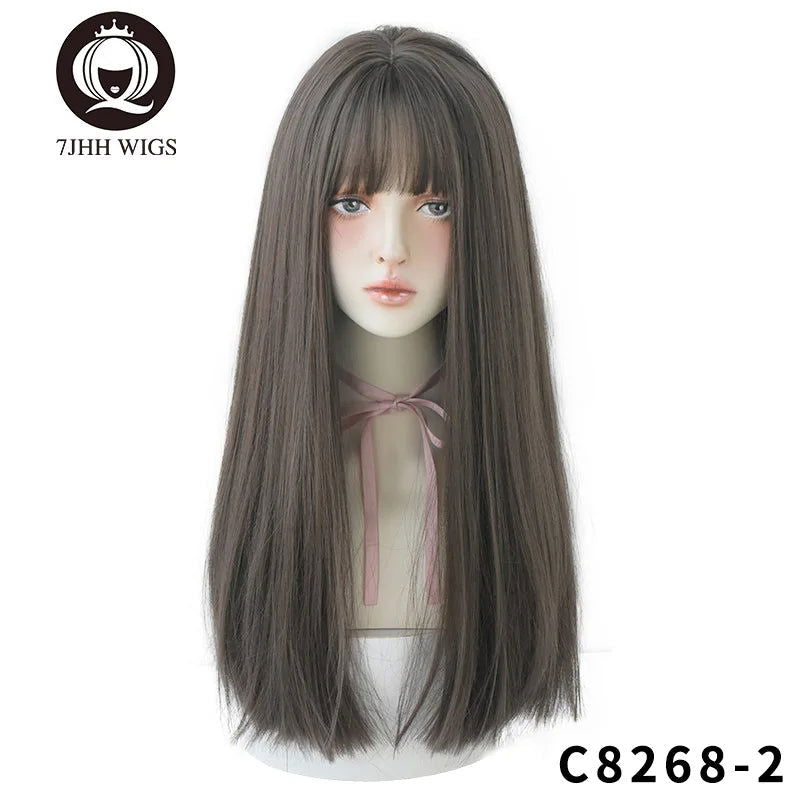 7JHHWIGS Long Straight Synthetic Light Brown Wigs With Bang For Women Heat-Resistant Daily Use Hair Hot Sell Wholesale Wigs - Slobuy