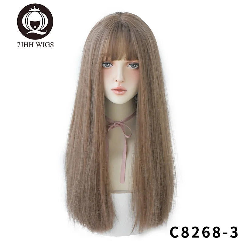 7JHHWIGS Long Straight Synthetic Light Brown Wigs With Bang For Women Heat-Resistant Daily Use Hair Hot Sell Wholesale Wigs - Slobuy