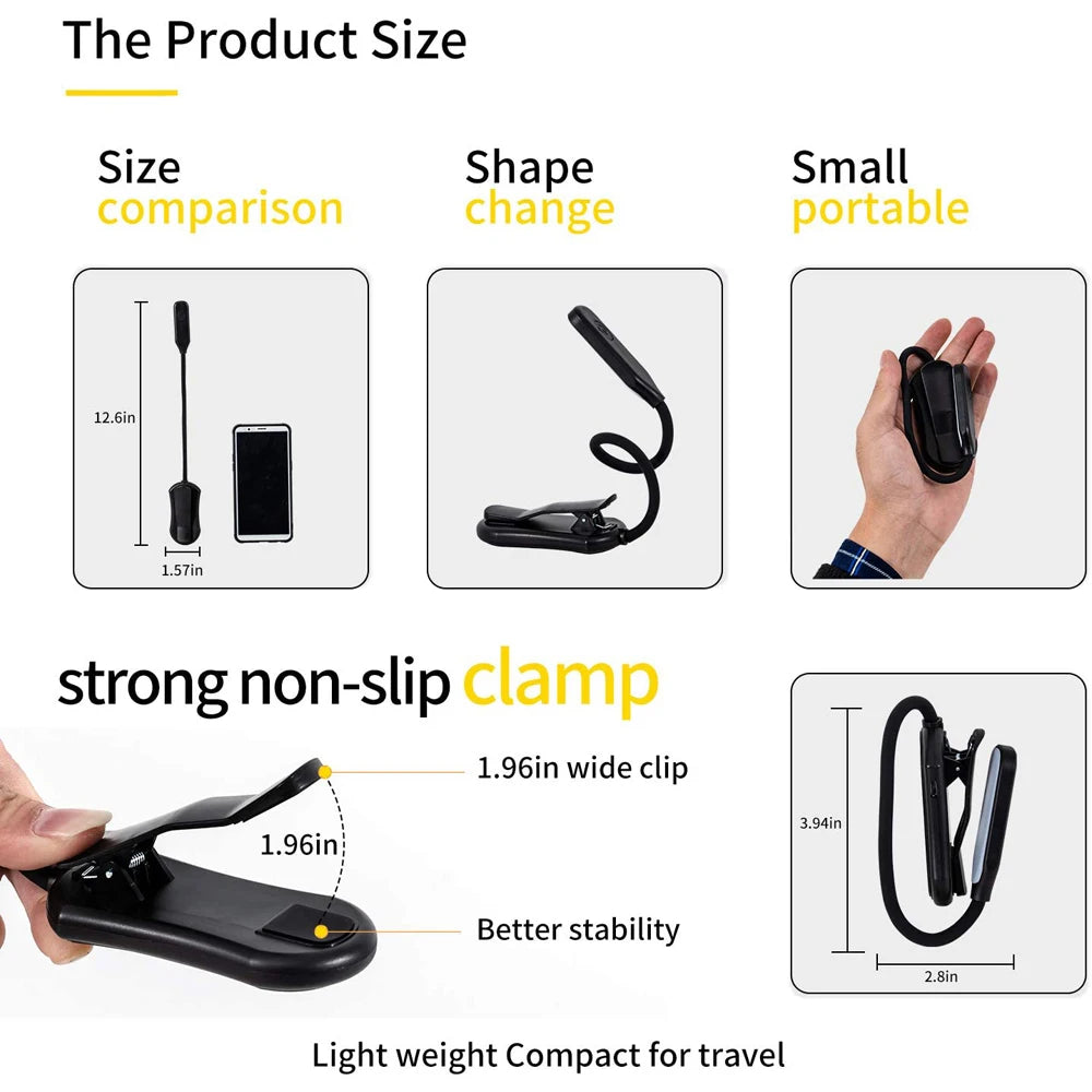 7 LED Book Light USB Rechargeable Reading Light 3-Level Warm Cool White Daylight Portable Flexible Easy Clip Night Reading Lamp - Slobuy