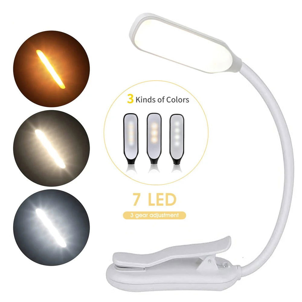7 LED Book Light USB Rechargeable Reading Light 3-Level Warm Cool White Daylight Portable Flexible Easy Clip Night Reading Lamp - Slobuy