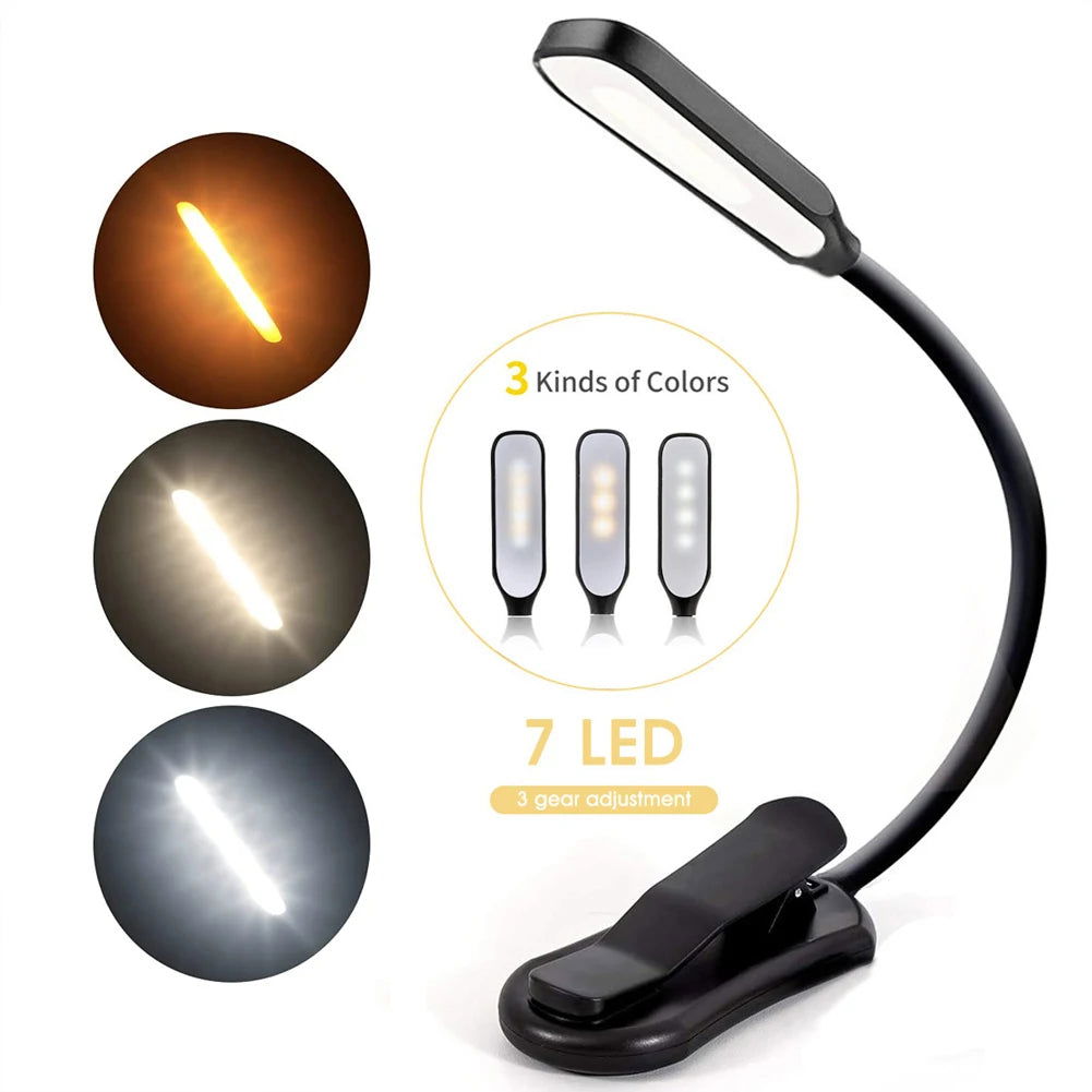7 LED Book Light USB Rechargeable Reading Light 3-Level Warm Cool White Daylight Portable Flexible Easy Clip Night Reading Lamp - Slobuy