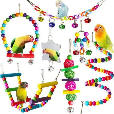 7pcs Pack Wood Parrot Toys Bird Toy Cage Bird Accessories  Swing Suspension Bridge Ball Cage Bells Pet Supplies Set - Slobuy