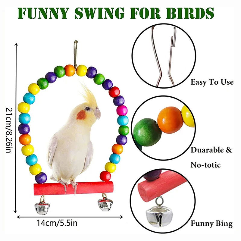 7pcs Pack Wood Parrot Toys Bird Toy Cage Bird Accessories  Swing Suspension Bridge Ball Cage Bells Pet Supplies Set - Slobuy