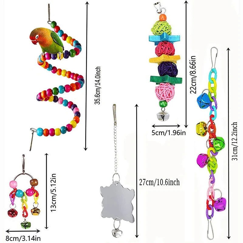 7pcs Pack Wood Parrot Toys Bird Toy Cage Bird Accessories  Swing Suspension Bridge Ball Cage Bells Pet Supplies Set - Slobuy