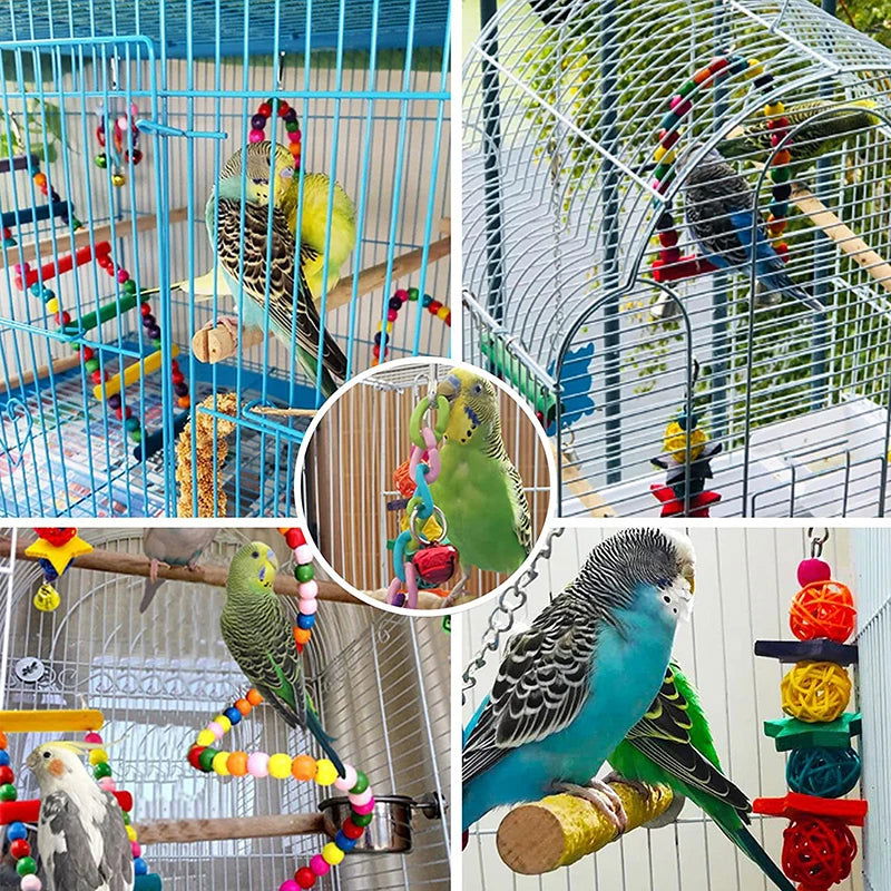 7pcs Pack Wood Parrot Toys Bird Toy Cage Bird Accessories  Swing Suspension Bridge Ball Cage Bells Pet Supplies Set - Slobuy