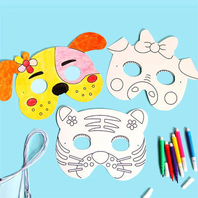 8Piece Kids Cartoon Animal DIY Graffiti Art Crafts Mask Toy Paper Mask Hand-painted White Paper Card Material with Color Pens - Slobuy
