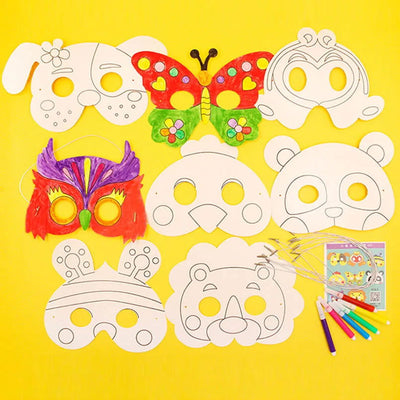 8Piece Kids Cartoon Animal DIY Graffiti Art Crafts Mask Toy Paper Mask Hand-painted White Paper Card Material with Color Pens - Slobuy