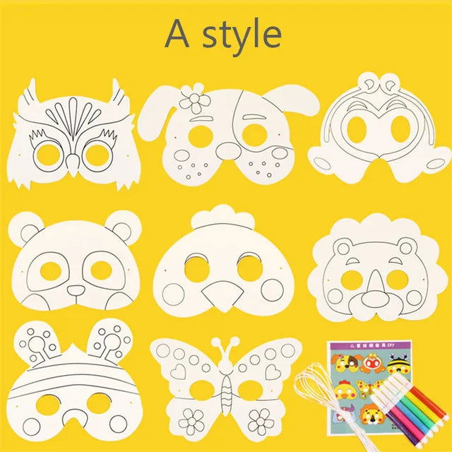 8Piece Kids Cartoon Animal DIY Graffiti Art Crafts Mask Toy Paper Mask Hand-painted White Paper Card Material with Color Pens - Slobuy